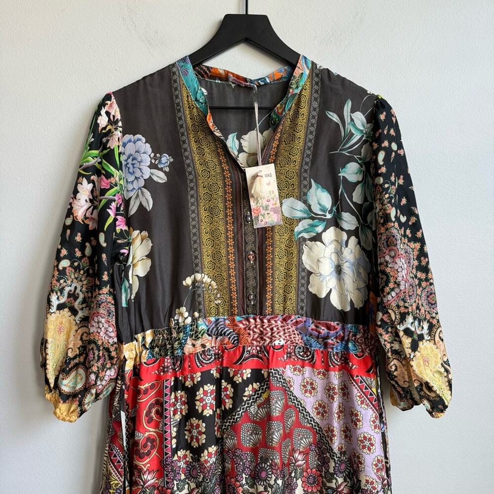 Johnny Was Multicolor Patchwork Floral Midi Dress - Black Base - Picture 3 of 12